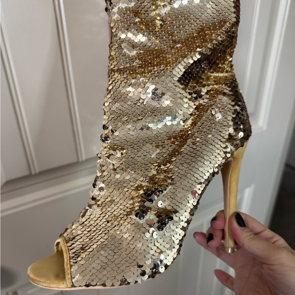 CAMSSOO 🌟 Gold Sequins Over-the-Knee Stiletto Peep-Toe Boots (Women's Size 8.5) - Picture 5 of 16